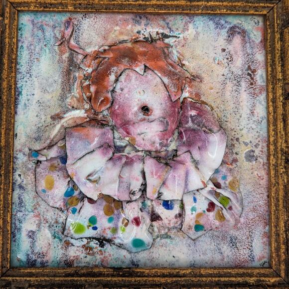 Original Art Mixed Media Clown Enamel Metal on Ceramic Tile Framed VTG Abstract - Picture 7 of 11